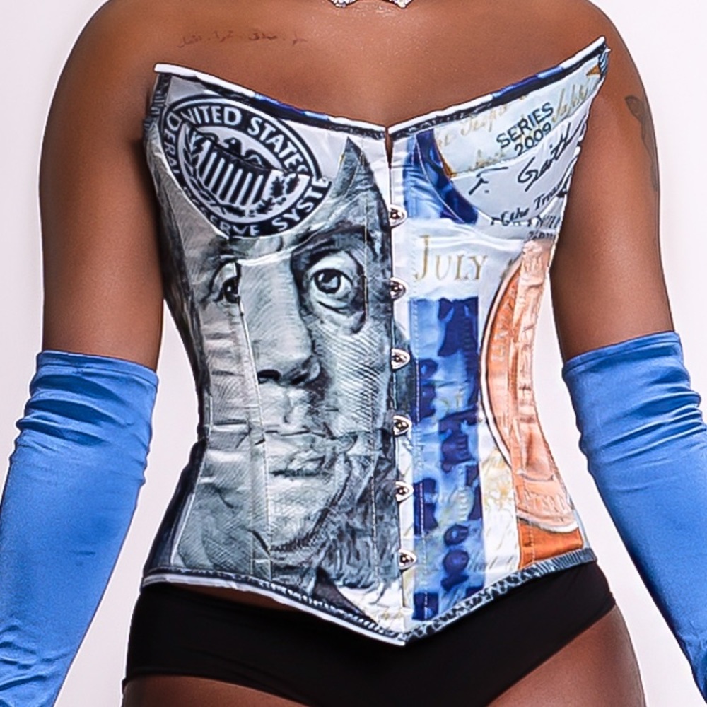 Currency corset worn for 2 hours for photoshoot